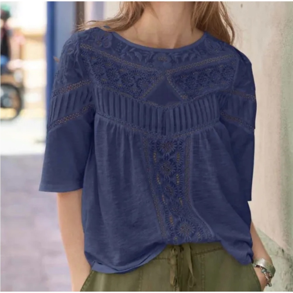 Sundance catalog blue embroidered pleated “western travels” top size small